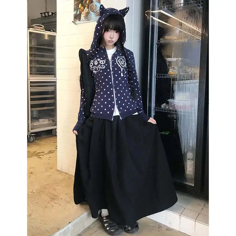 KAMEHARA Japan Original Design Black Subculture Slimming Women's K-pop Coats Autumn Cardigan Puff Sleeve Y2K Top Spicy Girl