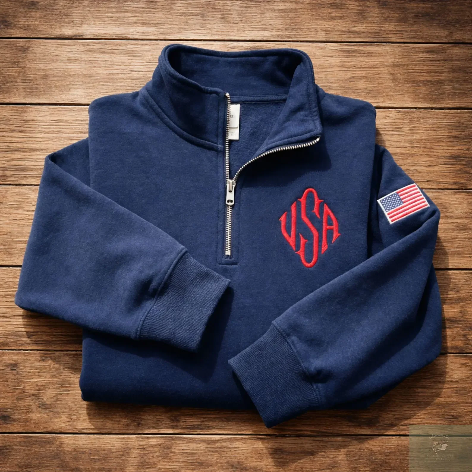 Quarter Zip Sweatshirt Y2K Navy Blue USA Embroidered American Flag Patchwork Jacket Men Women Retro Street Fashion Trend Top
