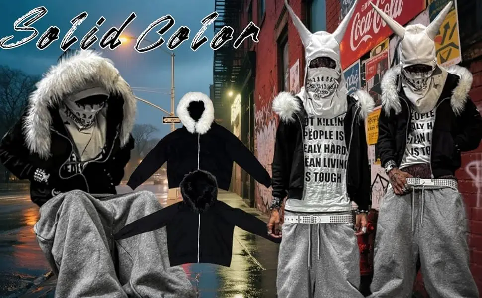 2000s Vintage Therian Fur Hood Jacket Y2k Goth Zip Up Hoodie Oversized Graphic Sweatshirt Emo Grunge Streetwear Fall Winter 2025