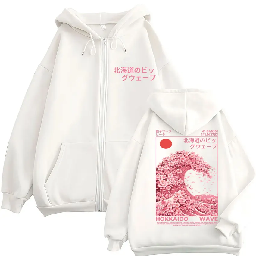 Japanese Style Hokkaido Wave Sakura Zipper Hoodie Men Women Fashion Aesthetic Tracksuit Oversized Fleece Casual Coats Streetwear