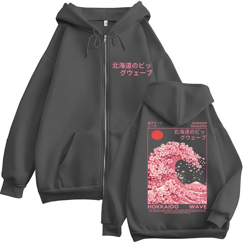 Japanese Style Hokkaido Wave Sakura Zipper Hoodie Men Women Fashion Aesthetic Tracksuit Oversized Fleece Casual Coats Streetwear