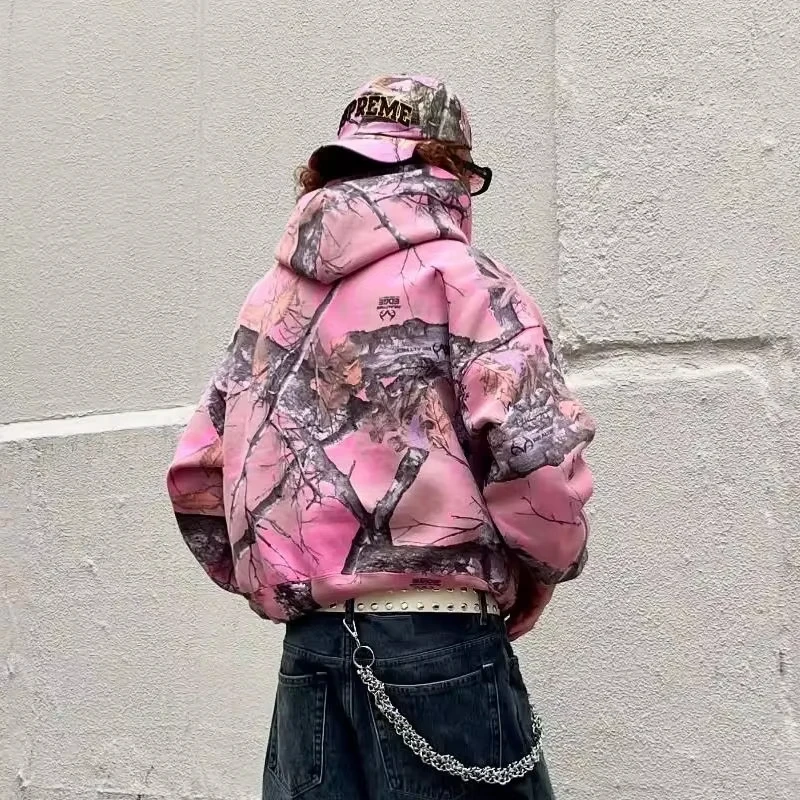 Y2K Retro Hoodie Men Camouflage Pattern Pink Sweatshirt High Street Hip Hop Streetwear Oversized Unisex Gothic Camo Hoodie Women