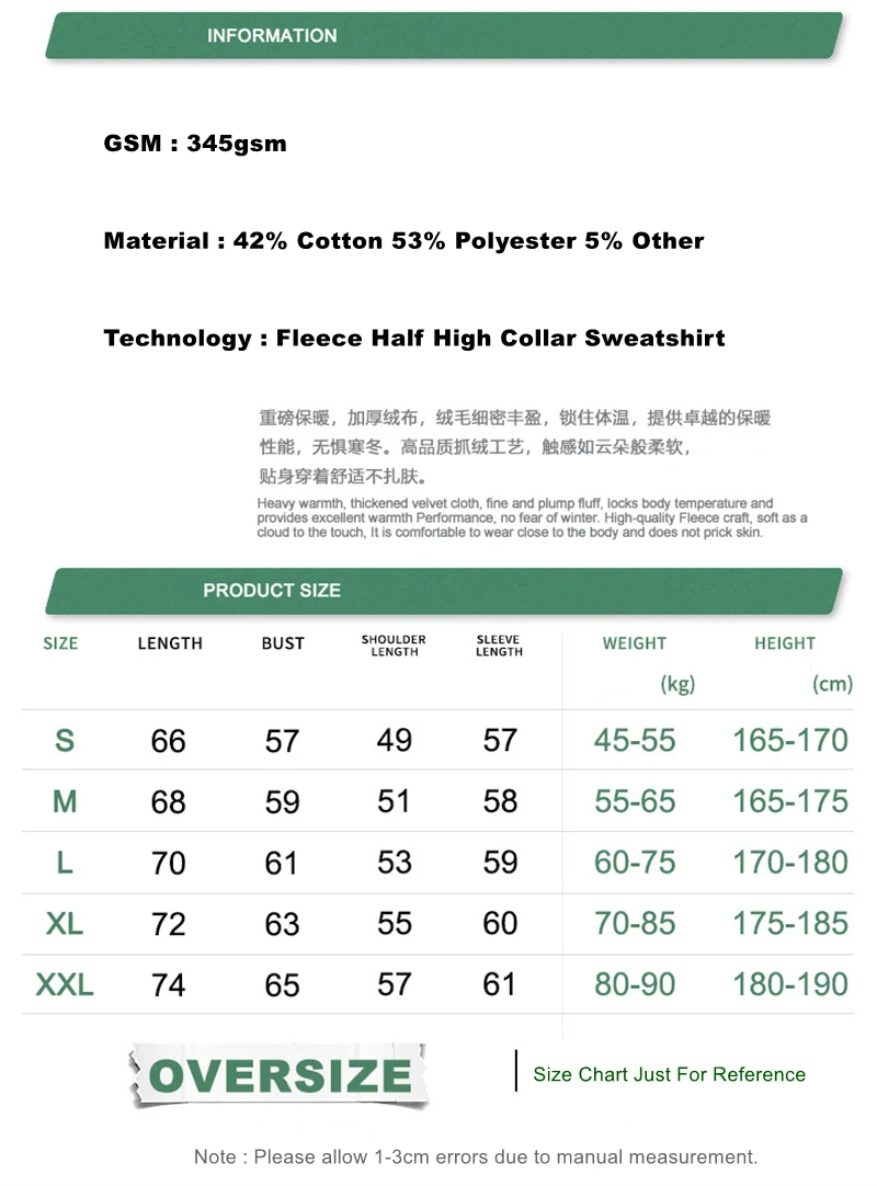 ZODF New Winter Man 345gsm Loose Fit Fleece Sweatshirt Unisex Cusual Boxy Warm Half Turtleneck Pullovers HY1181
