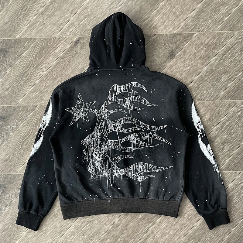 Handmade Ink Splashing Black Hooded Zipper Sweater HS Washing Water Pure Cotton Hooded Sweater