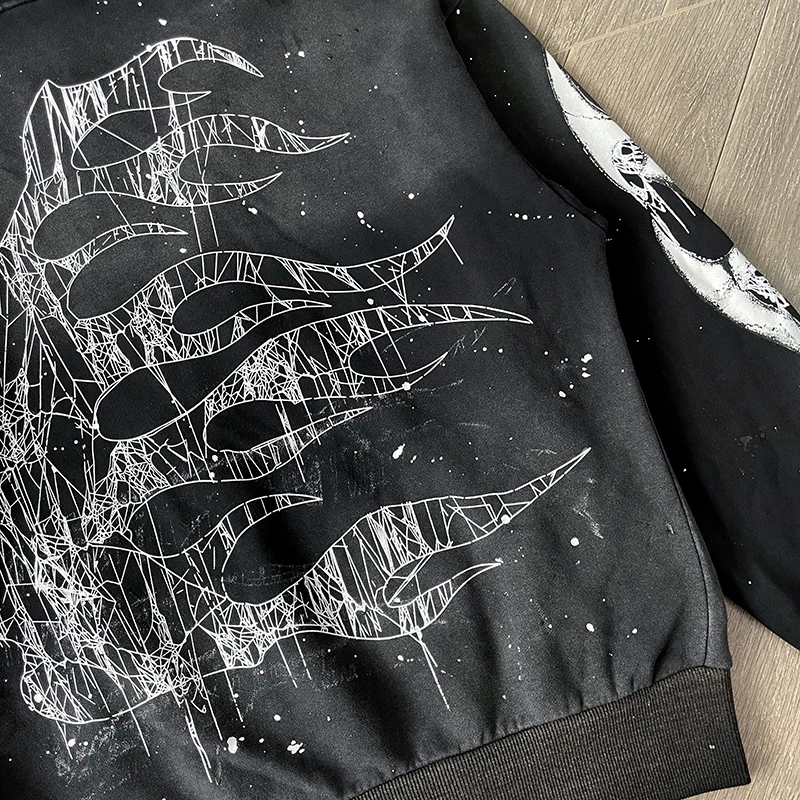 Handmade Ink Splashing Black Hooded Zipper Sweater HS Washing Water Pure Cotton Hooded Sweater