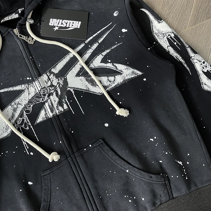Handmade Ink Splashing Black Hooded Zipper Sweater HS Washing Water Pure Cotton Hooded Sweater