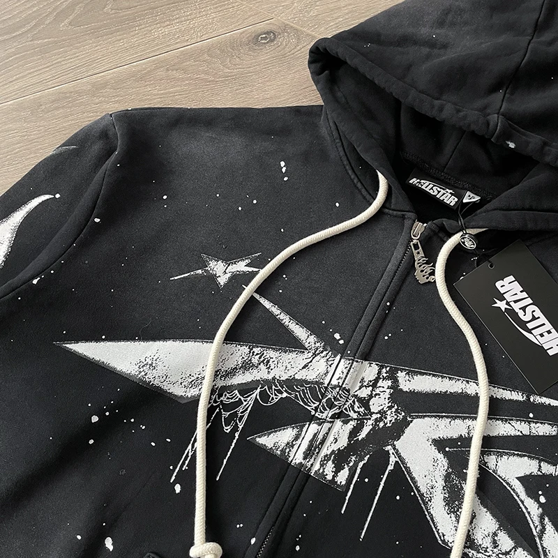 Handmade Ink Splashing Black Hooded Zipper Sweater HS Washing Water Pure Cotton Hooded Sweater