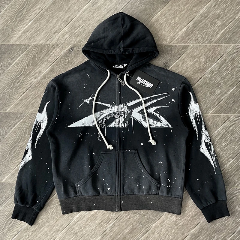 Handmade Ink Splashing Black Hooded Zipper Sweater HS Washing Water Pure Cotton Hooded Sweater