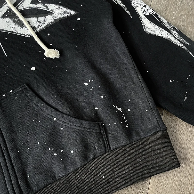 Handmade Ink Splashing Black Hooded Zipper Sweater HS Washing Water Pure Cotton Hooded Sweater