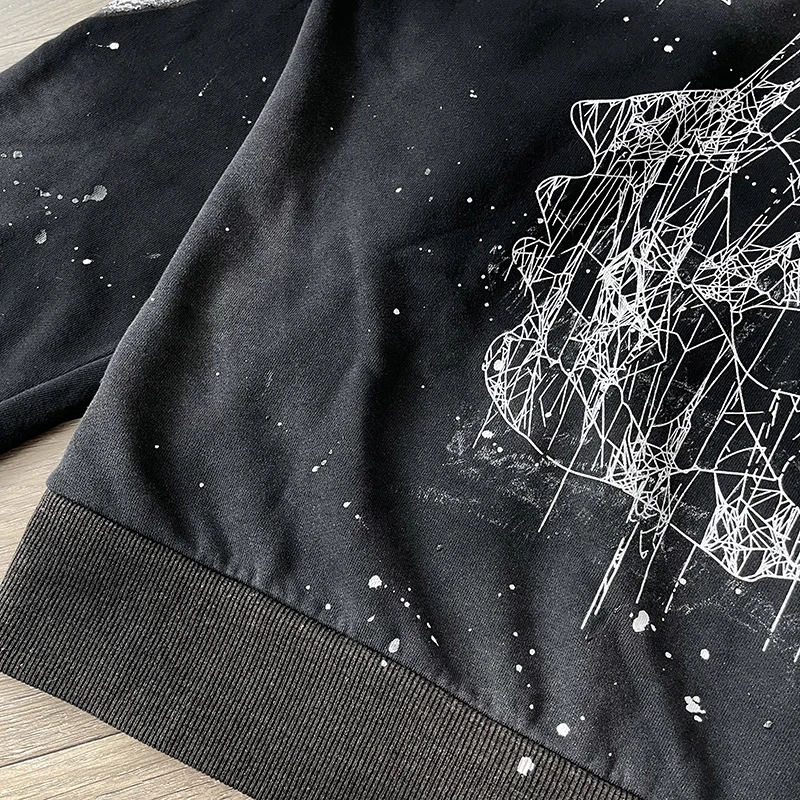 Handmade Ink Splashing Black Hooded Zipper Sweater HS Washing Water Pure Cotton Hooded Sweater