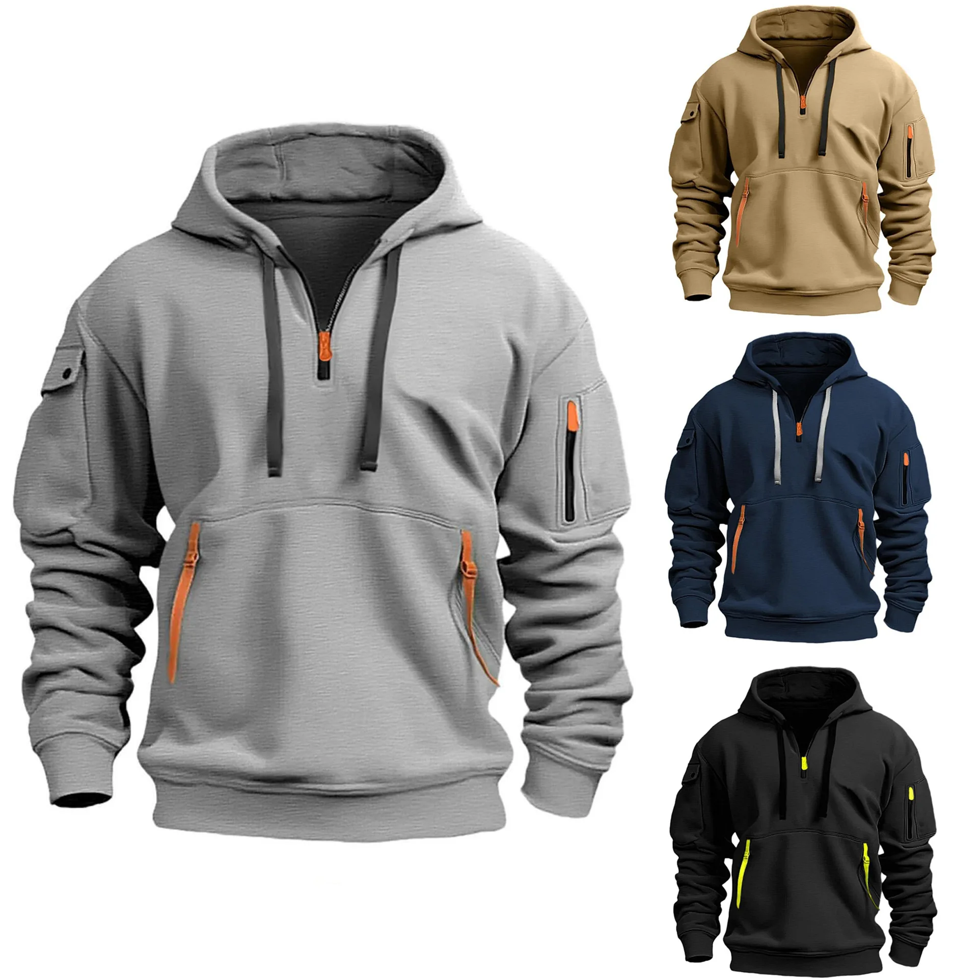 New Multi Pocket Zipper Fleece Hooded Casual Shirt for Men and Women Plus Size Loose Pullover Fashion Sweatshirt Top