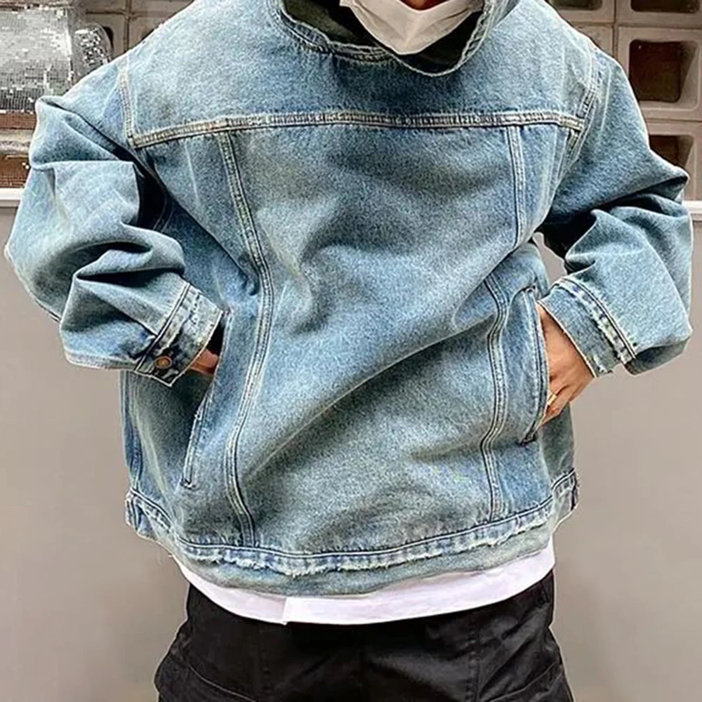 Mens Autumn Fashion Denim Washed Distressed Retro Hoodie Genderless Street Fashion Casual Loose Denim Sweatshirt Unisex