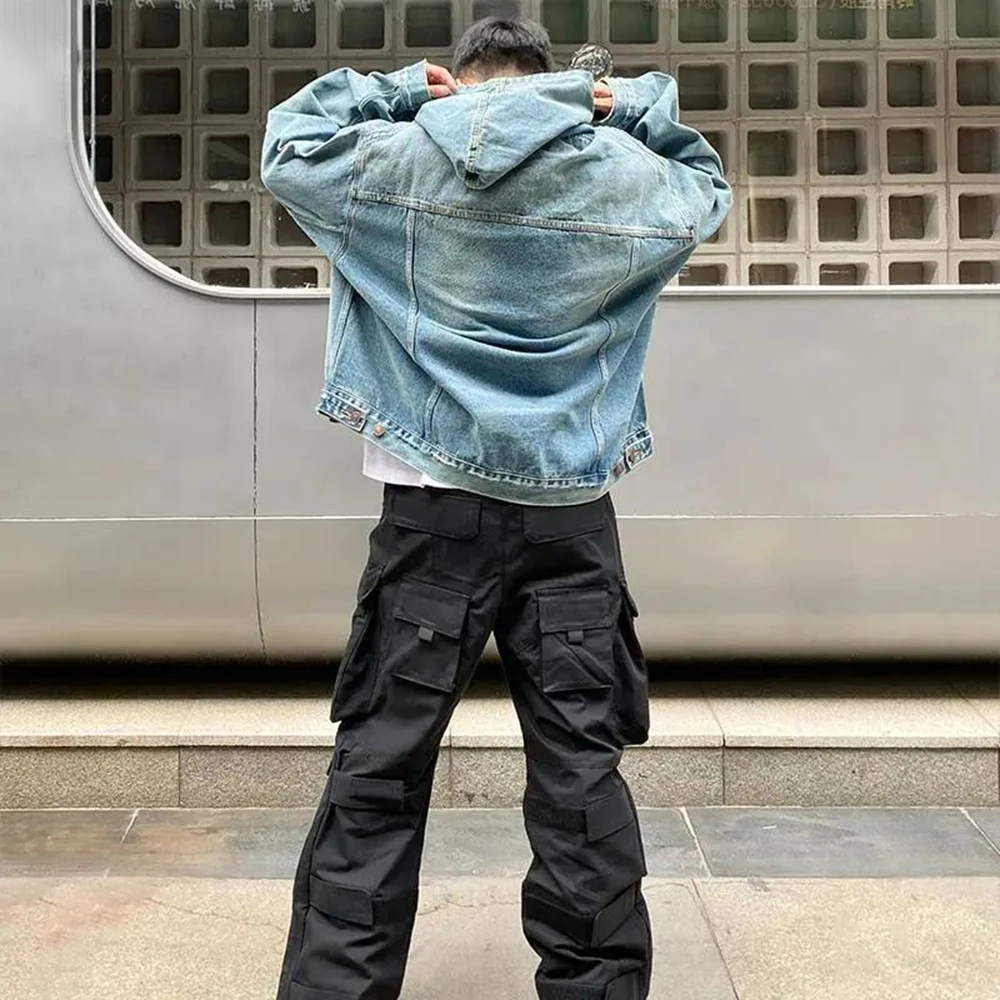 Mens Autumn Fashion Denim Washed Distressed Retro Hoodie Genderless Street Fashion Casual Loose Denim Sweatshirt Unisex
