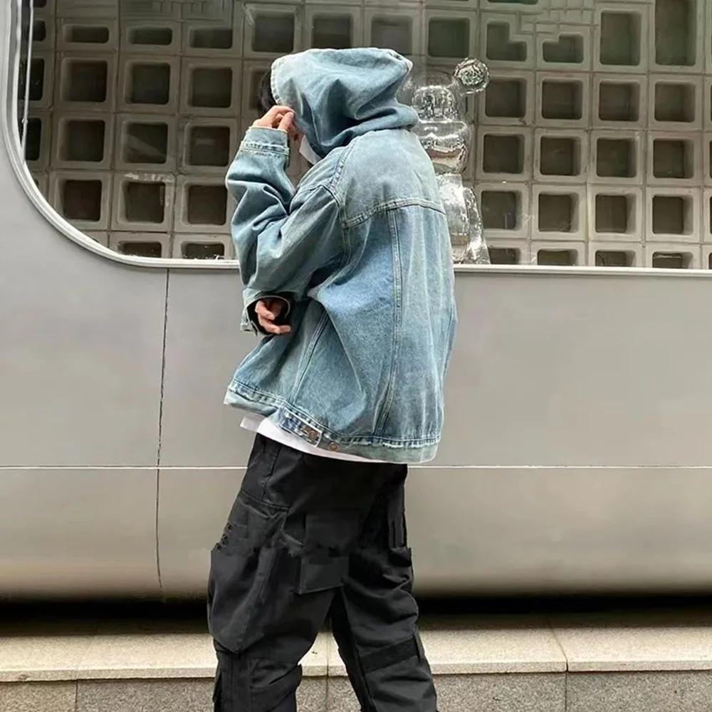 Mens Autumn Fashion Denim Washed Distressed Retro Hoodie Genderless Street Fashion Casual Loose Denim Sweatshirt Unisex