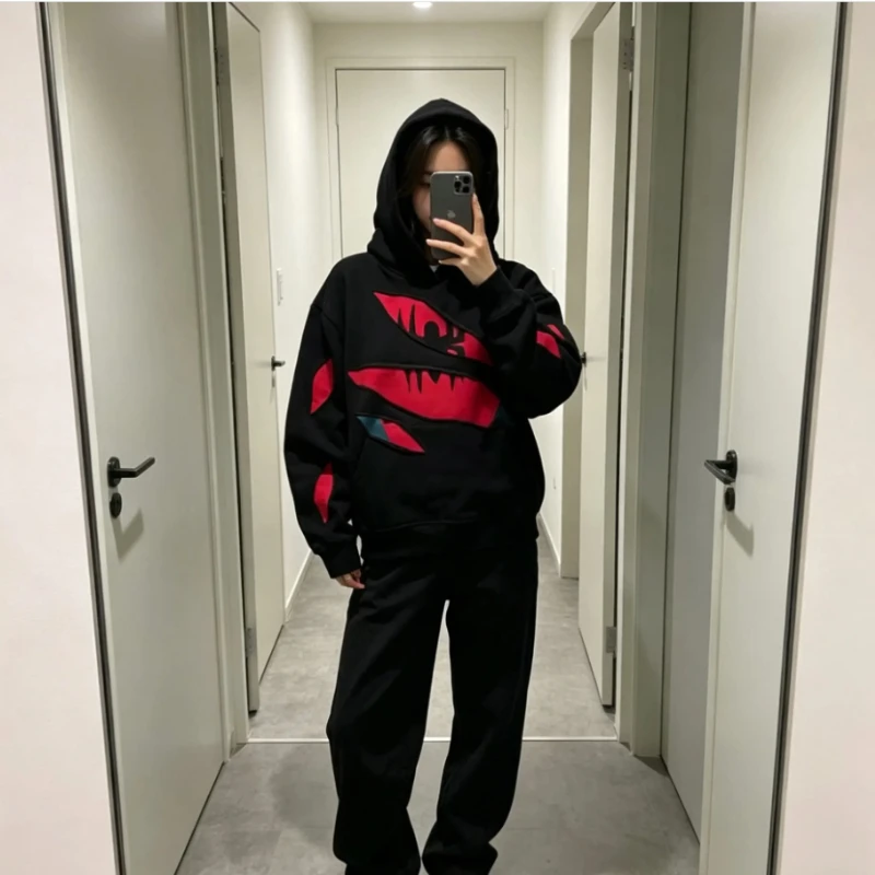 Fashion Mens Oversized Loose Fit Gothic Y2K Streetwear Hoodie American Retro Spider Patchwork Zip Up Sweatshirt Harajuku Unisex