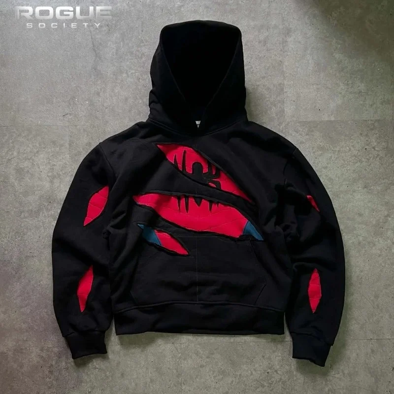 Fashion Mens Oversized Loose Fit Gothic Y2K Streetwear Hoodie American Retro Spider Patchwork Zip Up Sweatshirt Harajuku Unisex