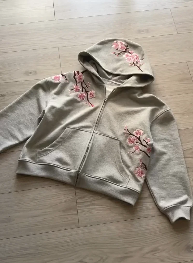 Men Womens Pink Zip Jacket Harajuku Hip Hop Pattern Streetwear Y2K Retro Oversized Sakura Print Hooded Jacket
