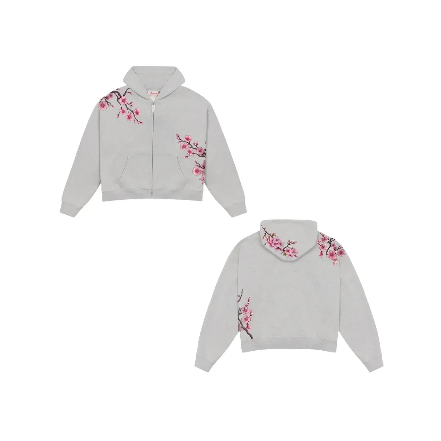 Men Womens Pink Zip Jacket Harajuku Hip Hop Pattern Streetwear Y2K Retro Oversized Sakura Print Hooded Jacket