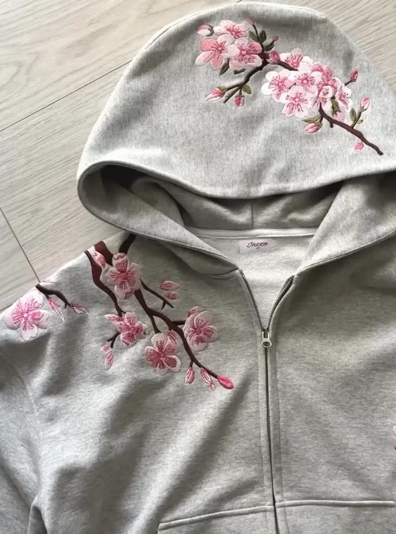 Men Womens Pink Zip Jacket Harajuku Hip Hop Pattern Streetwear Y2K Retro Oversized Sakura Print Hooded Jacket