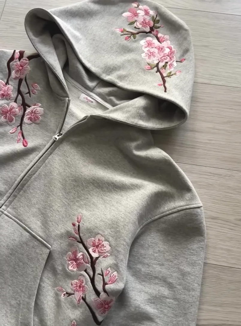 Men Womens Pink Zip Jacket Harajuku Hip Hop Pattern Streetwear Y2K Retro Oversized Sakura Print Hooded Jacket