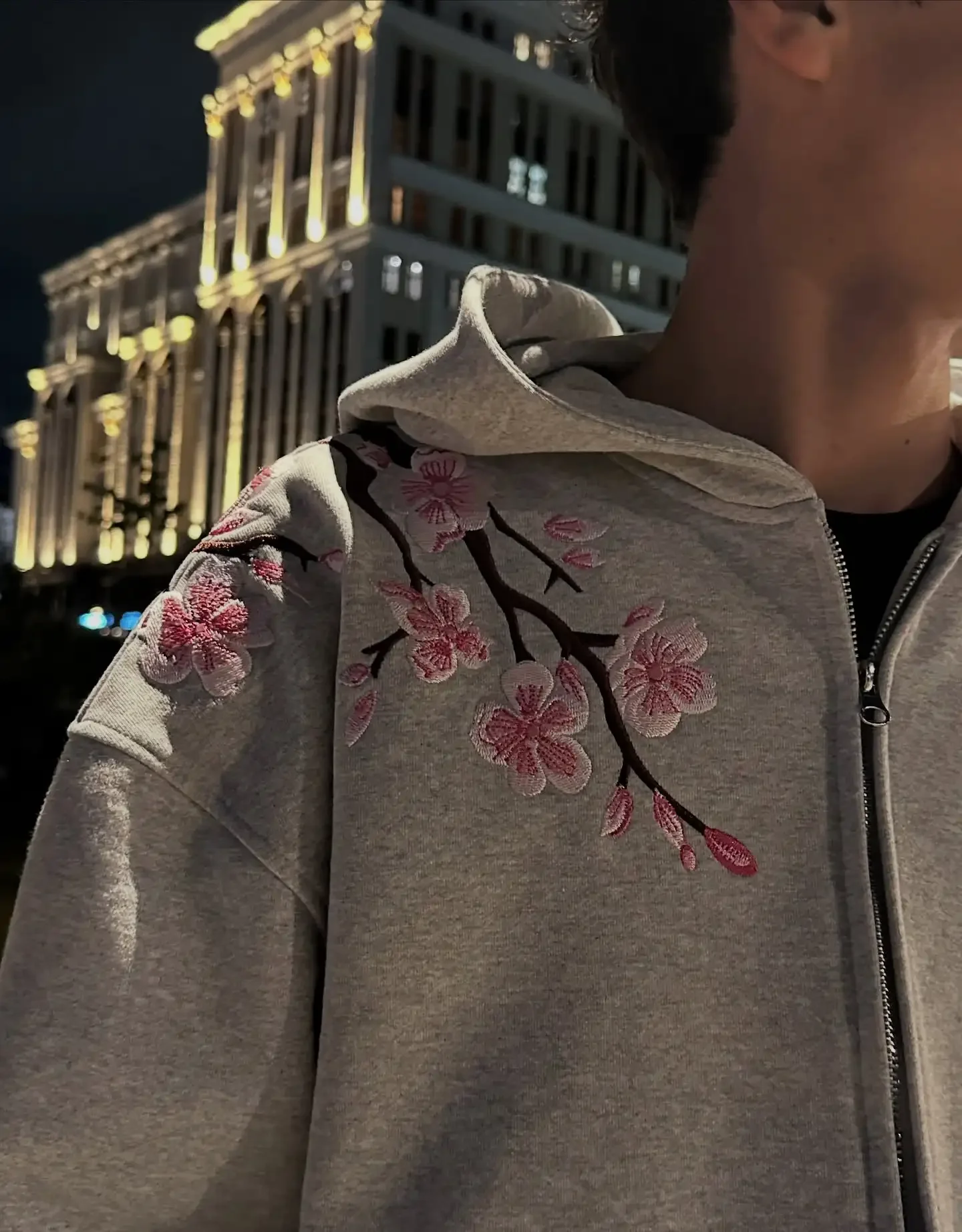 Men Womens Pink Zip Jacket Harajuku Hip Hop Pattern Streetwear Y2K Retro Oversized Sakura Print Hooded Jacket