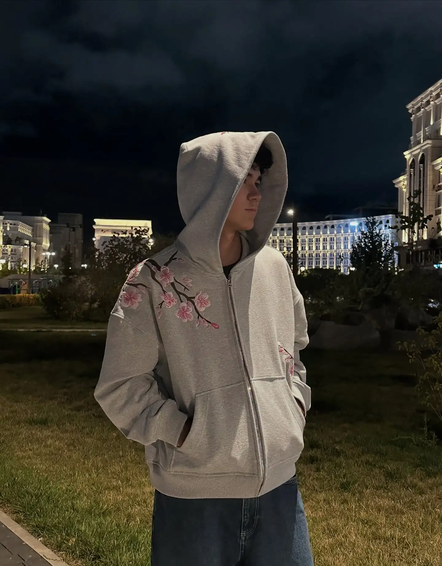 Men Womens Pink Zip Jacket Harajuku Hip Hop Pattern Streetwear Y2K Retro Oversized Sakura Print Hooded Jacket