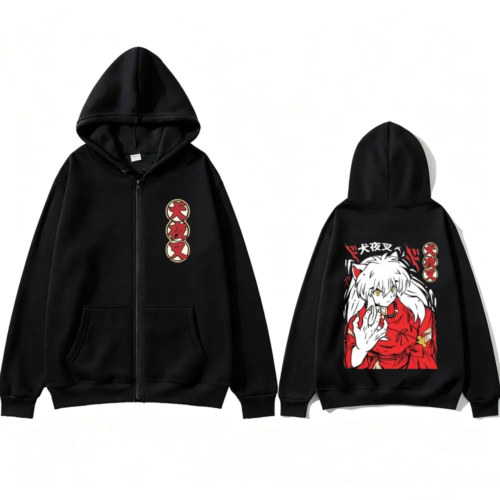 Anime Inuyasha Graphic Zipper Hoodie Men Women Casual Oversized Zip Up Hoodies Men's 90s Cartoon Manga Jacket Male Vintage Coat