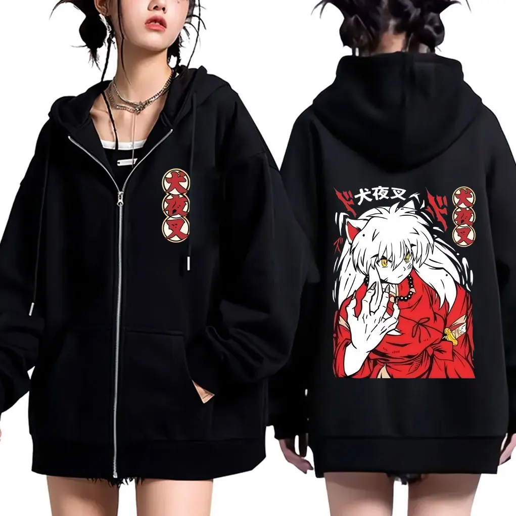 Anime Inuyasha Graphic Zipper Hoodie Men Women Casual Oversized Zip Up Hoodies Men's 90s Cartoon Manga Jacket Male Vintage Coat