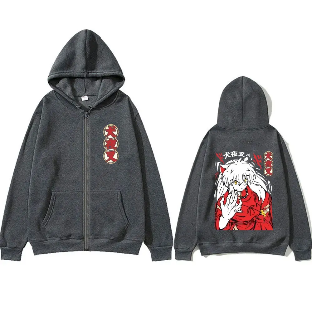 Anime Inuyasha Graphic Zipper Hoodie Men Women Casual Oversized Zip Up Hoodies Men's 90s Cartoon Manga Jacket Male Vintage Coat