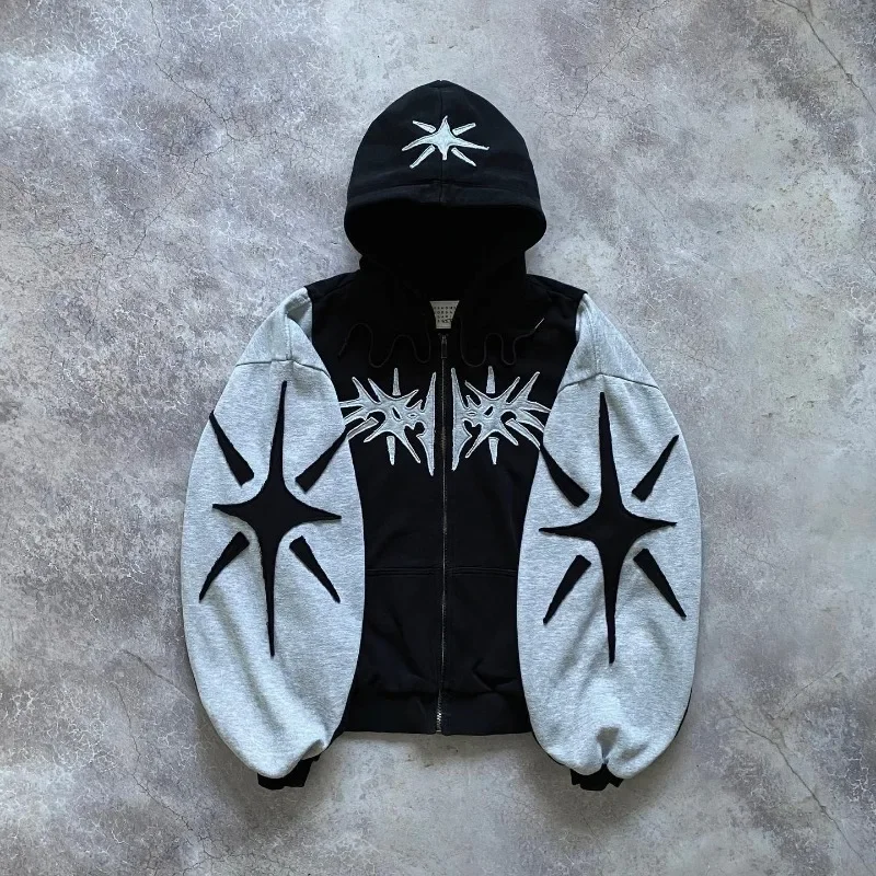 Y2K Streetwear Zip Up Hoodie Harajuku Patchwork Goth Vintage Hip Hop Oversized Hoodie Men Women Sweatshirt Fashion Casual Tops