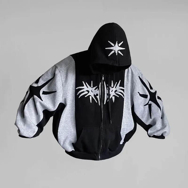 Y2K Streetwear Zip Up Hoodie Harajuku Patchwork Goth Vintage Hip Hop Oversized Hoodie Men Women Sweatshirt Fashion Casual Tops