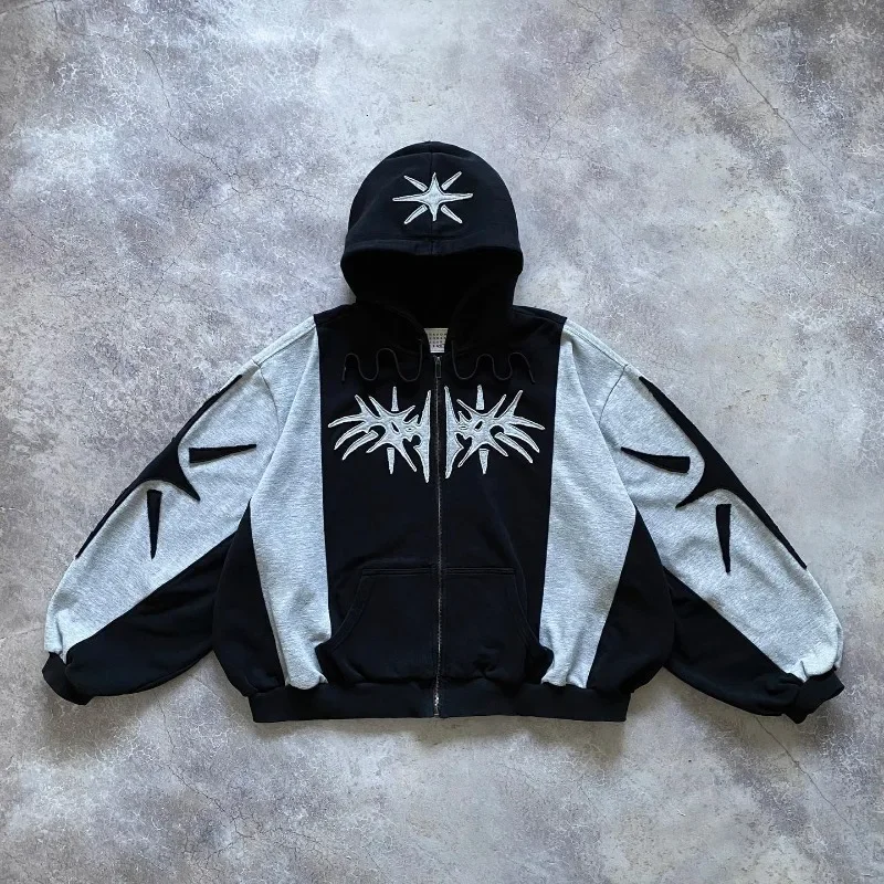 Y2K Streetwear Zip Up Hoodie Harajuku Patchwork Goth Vintage Hip Hop Oversized Hoodie Men Women Sweatshirt Fashion Casual Tops