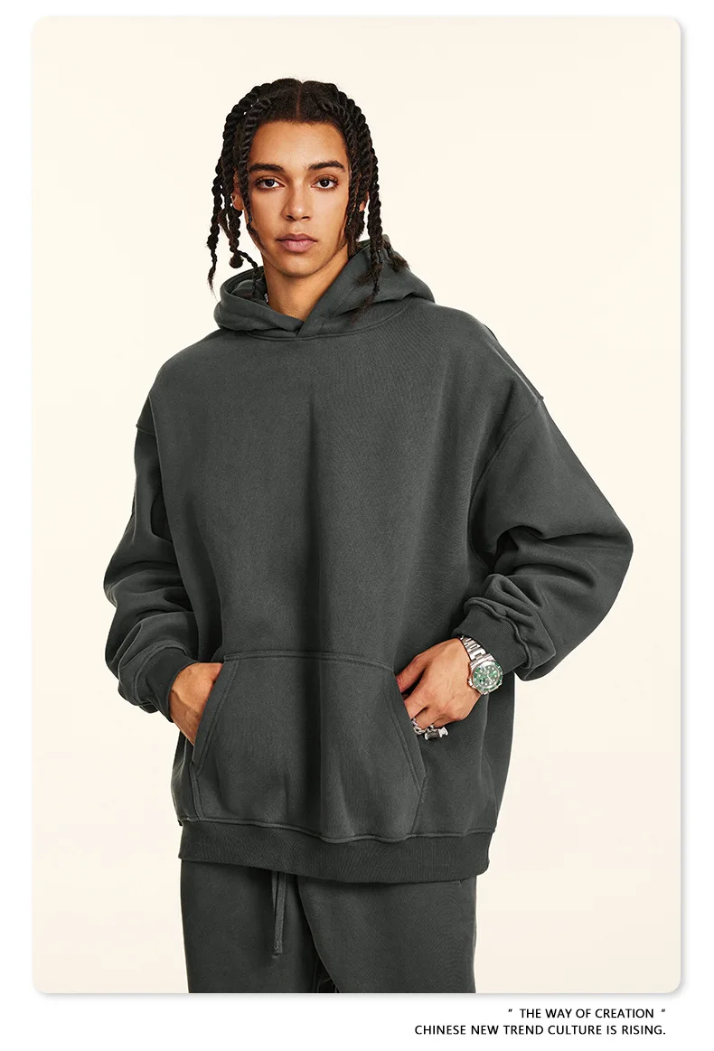 European-and-American-Street-Fashion-Autumn-Men's-Solid-Color-Loose-Thick-Hooded-Sweatshirt-Neutral-Plus-Velvet-Sweatshirt