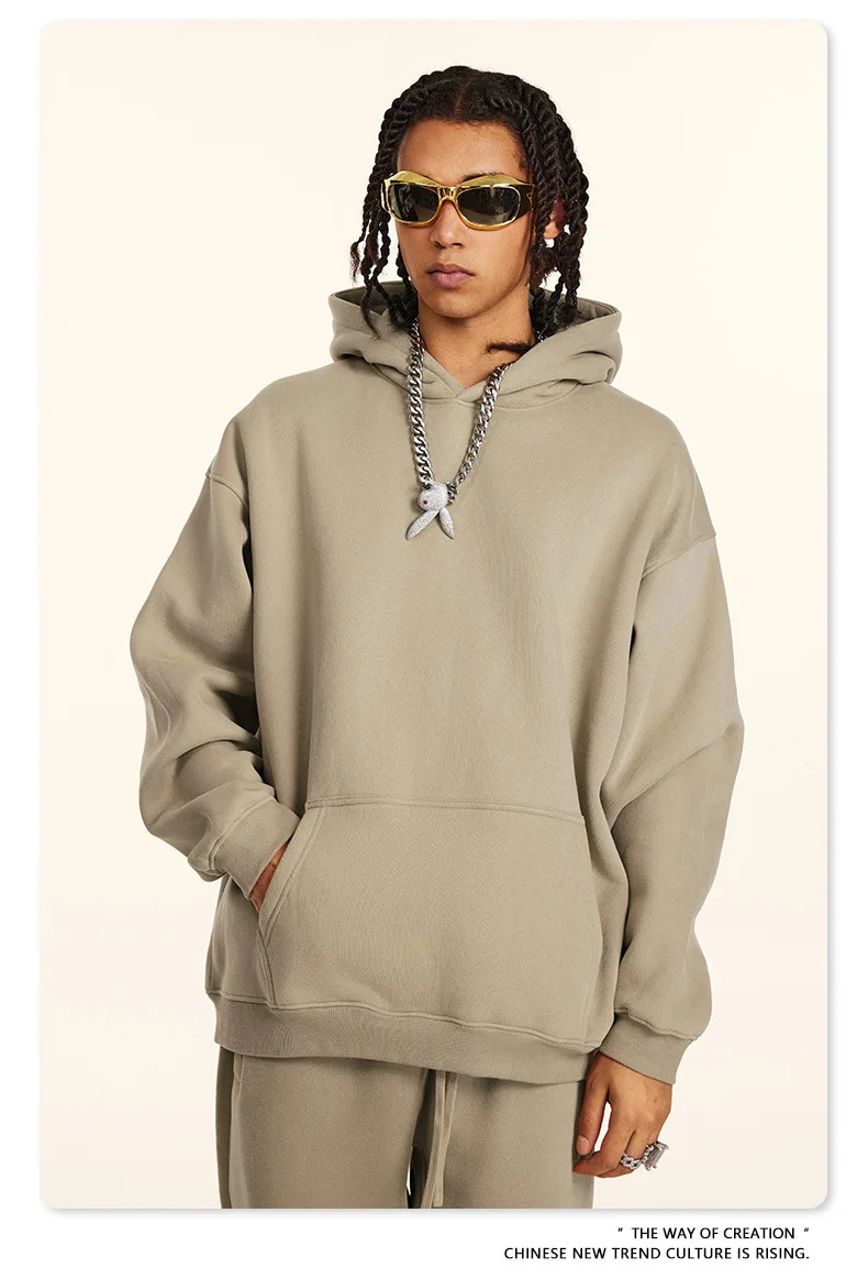 European-and-American-Street-Fashion-Autumn-Men's-Solid-Color-Loose-Thick-Hooded-Sweatshirt-Neutral-Plus-Velvet-Sweatshirt