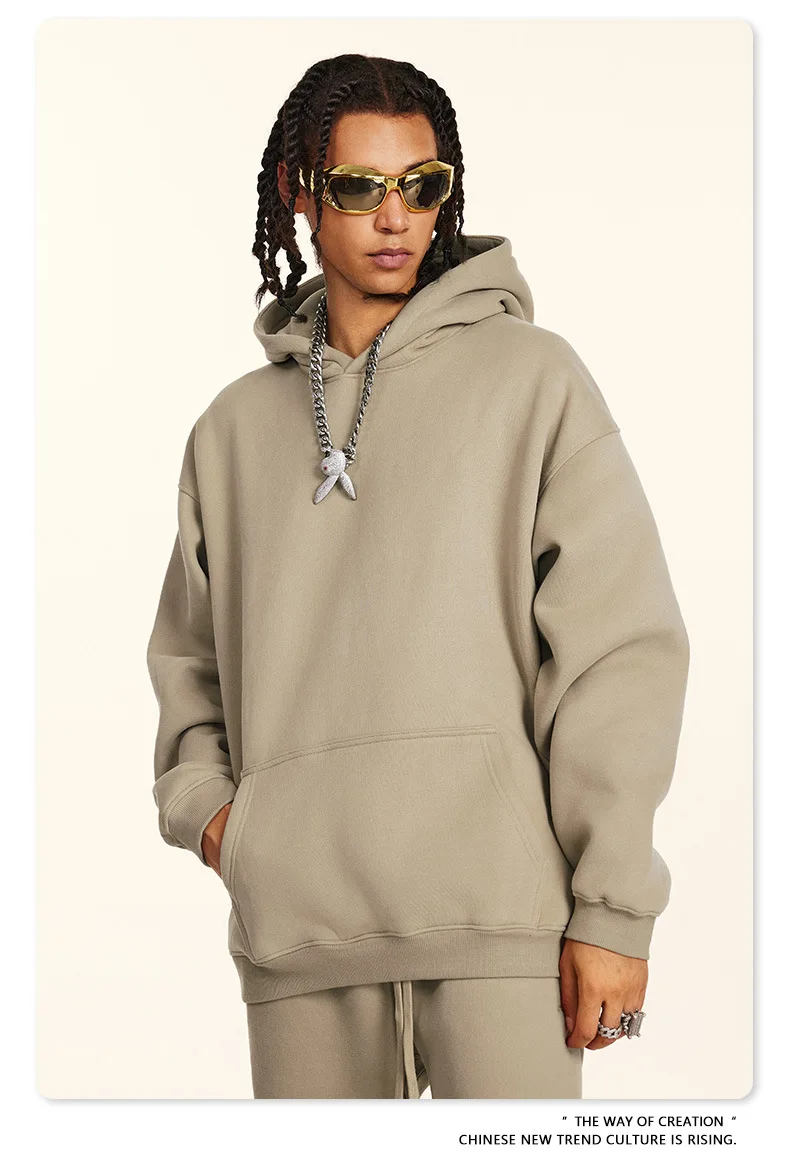European-and-American-Street-Fashion-Autumn-Men's-Solid-Color-Loose-Thick-Hooded-Sweatshirt-Neutral-Plus-Velvet-Sweatshirt
