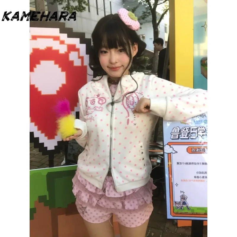 KAMEHARA Y2K Aesthetic Cute Devil Hooded Jacket Sweet E-girls Japan Kawaii Horned Zip-Up Hoodie Pink Star Print Cartoon Star Top