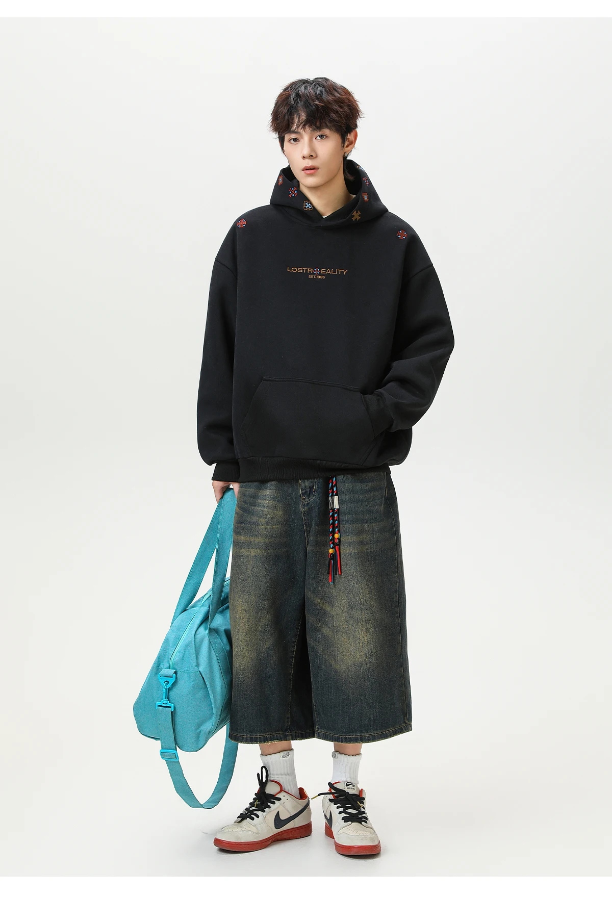 Vintage Heavyweight Embroidered Hoodie Men's 2025 Fall Streetwear Oversized American High Street Pullover Sweatshirt
