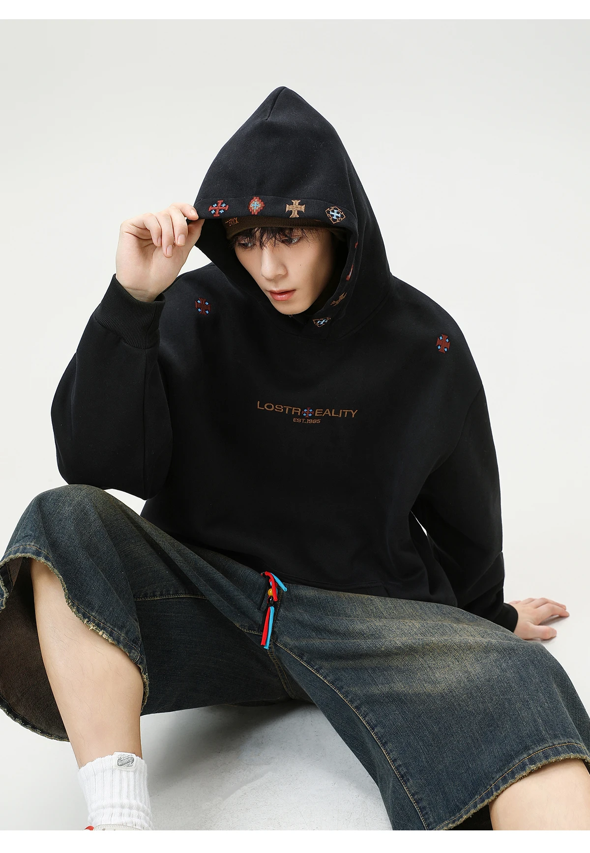 Vintage Heavyweight Embroidered Hoodie Men's 2025 Fall Streetwear Oversized American High Street Pullover Sweatshirt