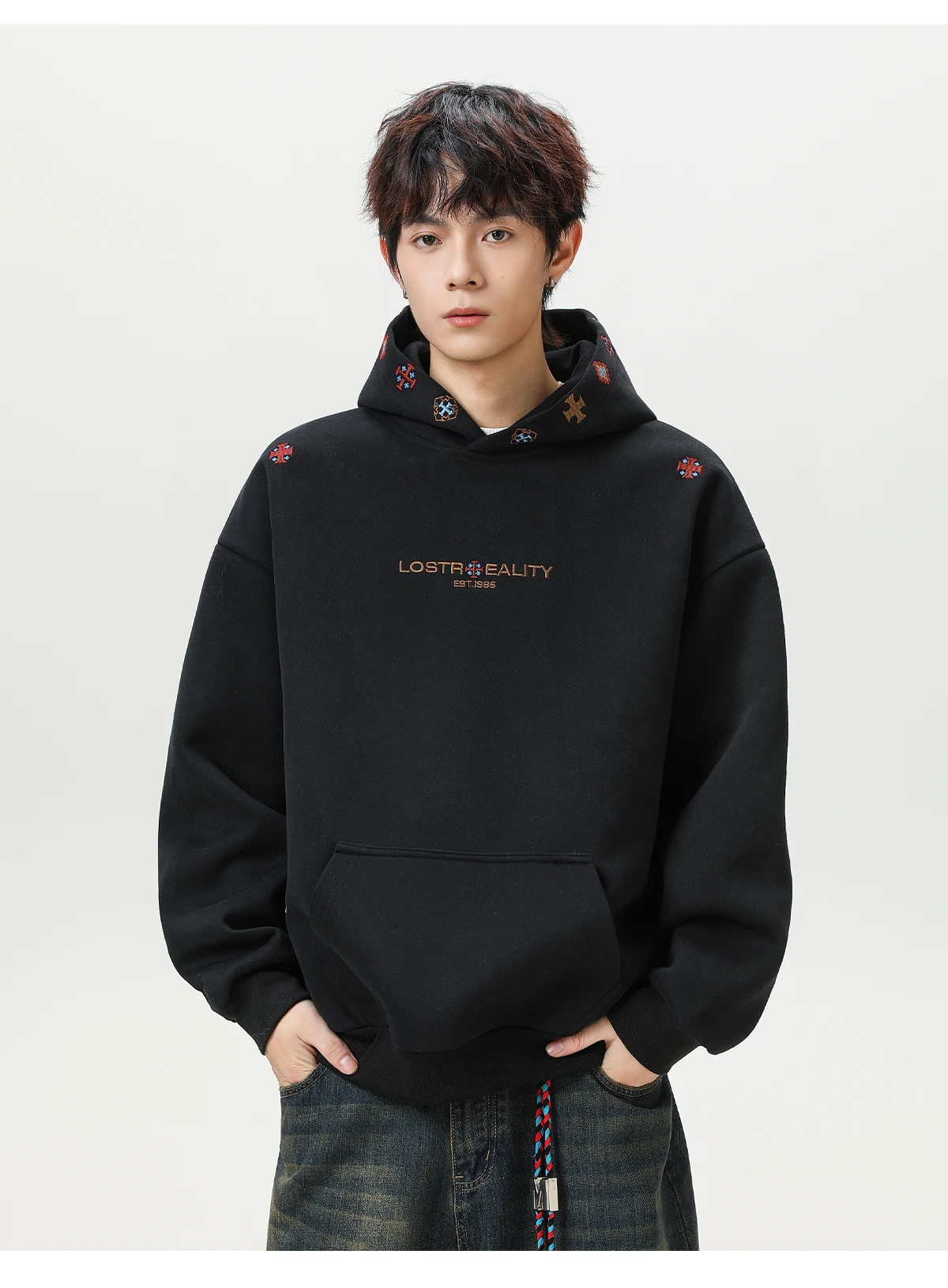 Vintage Heavyweight Embroidered Hoodie Men's 2025 Fall Streetwear Oversized American High Street Pullover Sweatshirt