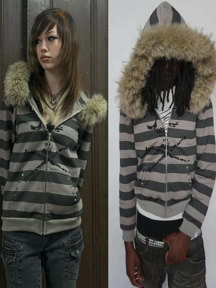 High Street Stylish Striped Skull Print Cute Plush Hat Hoodies Fashion Gothic Streetwear Casual Loose Neutral Zipper Sweatshirts