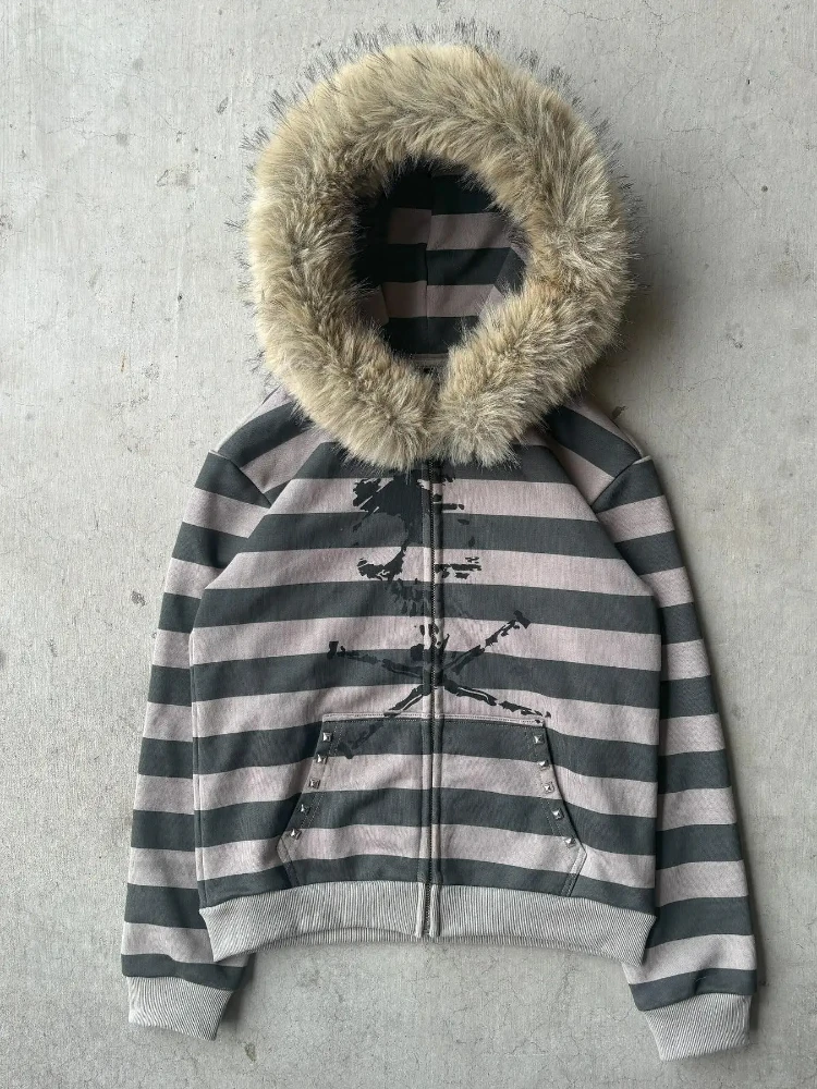 High Street Stylish Striped Skull Print Cute Plush Hat Hoodies Fashion Gothic Streetwear Casual Loose Neutral Zipper Sweatshirts