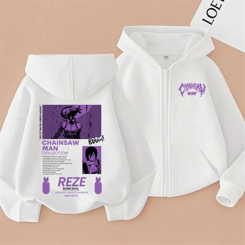 Anime Chainsaw Man Zipper Hoodie Cartoon Reze Graphic Zip Up Jacket Men Women Manga Oversized Fleece Cotton Zip Up Sweatshirt