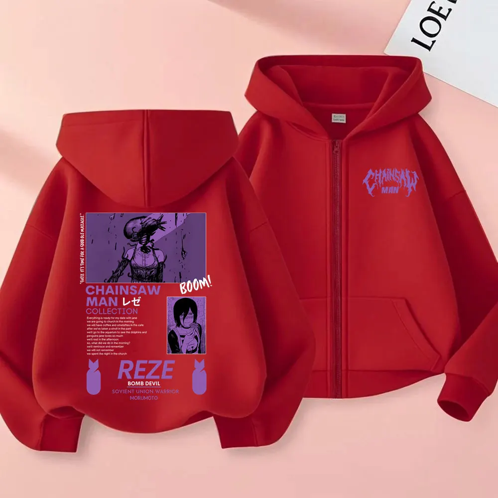 Anime Chainsaw Man Zipper Hoodie Cartoon Reze Graphic Zip Up Jacket Men Women Manga Oversized Fleece Cotton Zip Up Sweatshirt