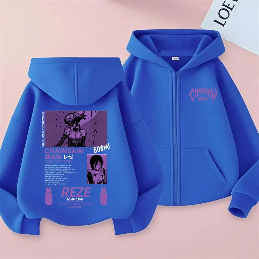 Anime Chainsaw Man Zipper Hoodie Cartoon Reze Graphic Zip Up Jacket Men Women Manga Oversized Fleece Cotton Zip Up Sweatshirt