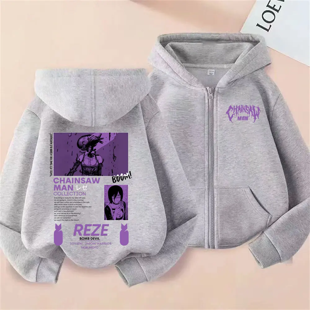 Anime Chainsaw Man Zipper Hoodie Cartoon Reze Graphic Zip Up Jacket Men Women Manga Oversized Fleece Cotton Zip Up Sweatshirt