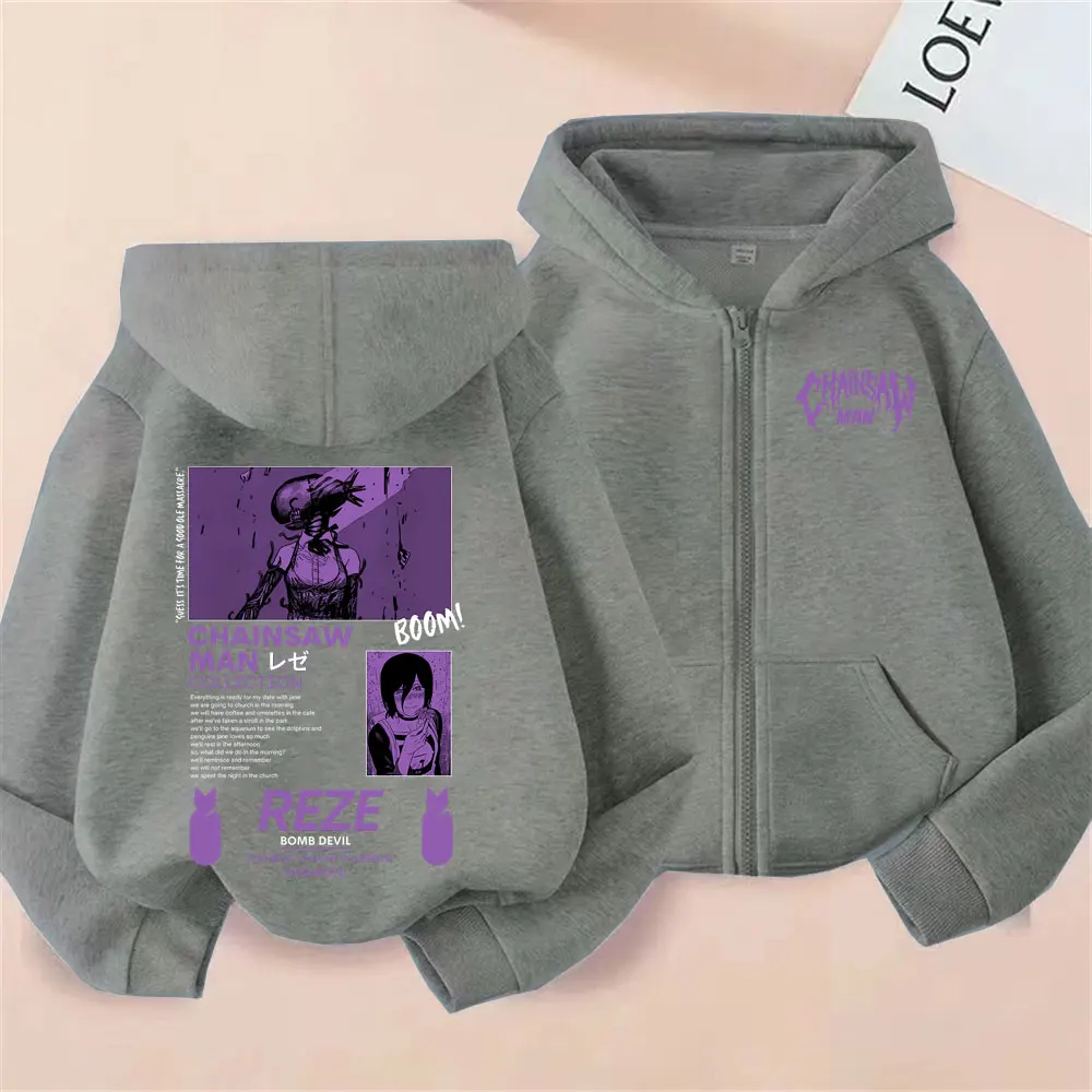Anime Chainsaw Man Zipper Hoodie Cartoon Reze Graphic Zip Up Jacket Men Women Manga Oversized Fleece Cotton Zip Up Sweatshirt