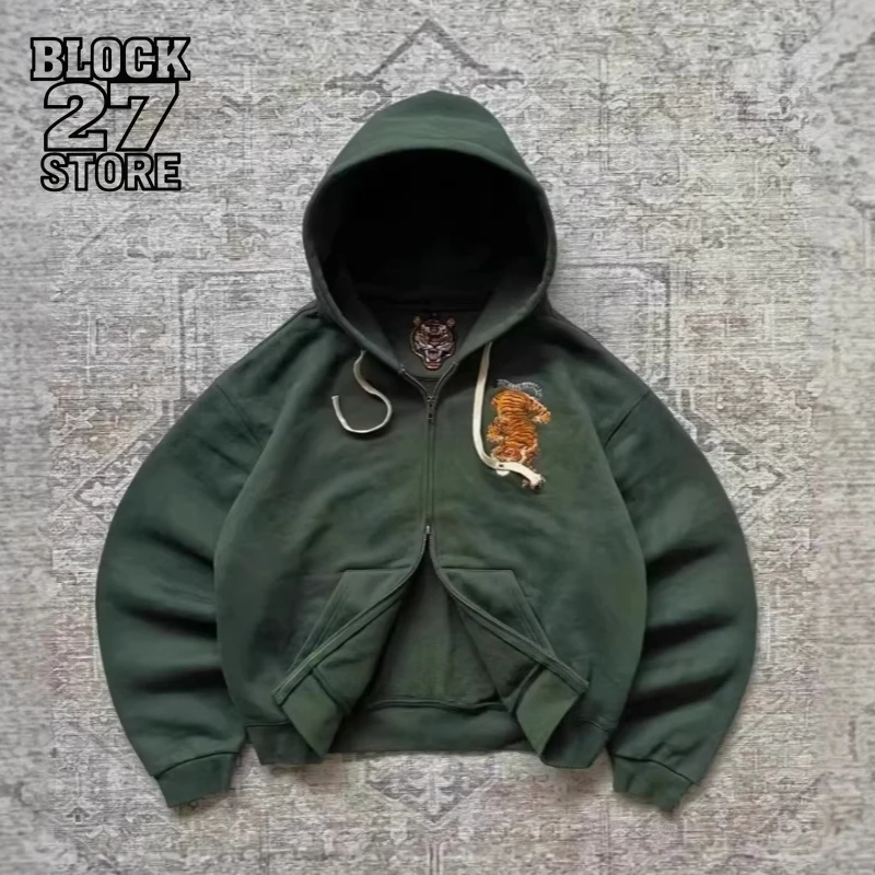 American Retro Tiger Embroidery Zip Hoodies Man Spring Loose Street Style Casual Long Sleeve Tops Female Daily Fashion Outerwear
