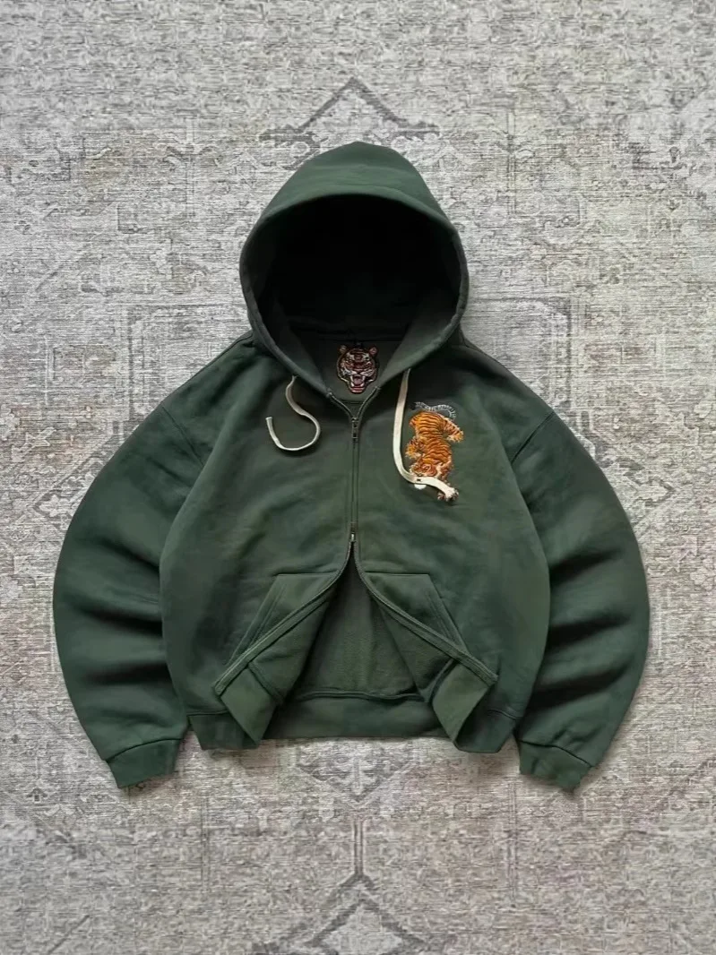 American Retro Tiger Embroidery Zip Hoodies Man Spring Loose Street Style Casual Long Sleeve Tops Female Daily Fashion Outerwear