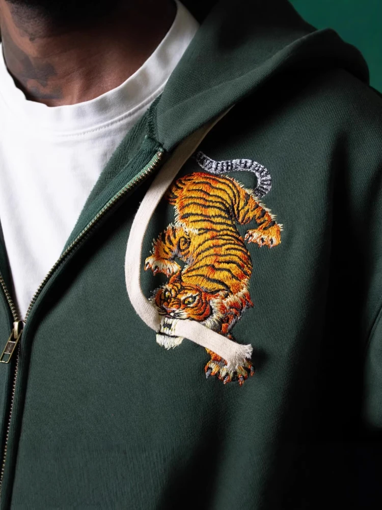American Retro Tiger Embroidery Zip Hoodies Man Spring Loose Street Style Casual Long Sleeve Tops Female Daily Fashion Outerwear
