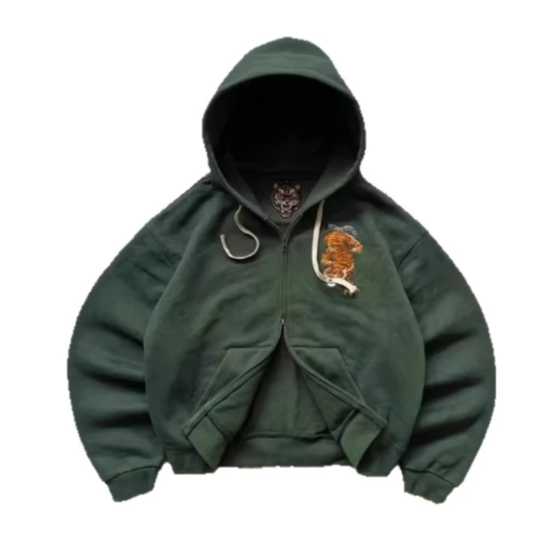 American Retro Tiger Embroidery Zip Hoodies Man Spring Loose Street Style Casual Long Sleeve Tops Female Daily Fashion Outerwear